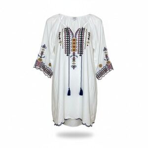 Chic Connection Women Tunic Top S White Embroidered Tassel Boho Festival Cotton